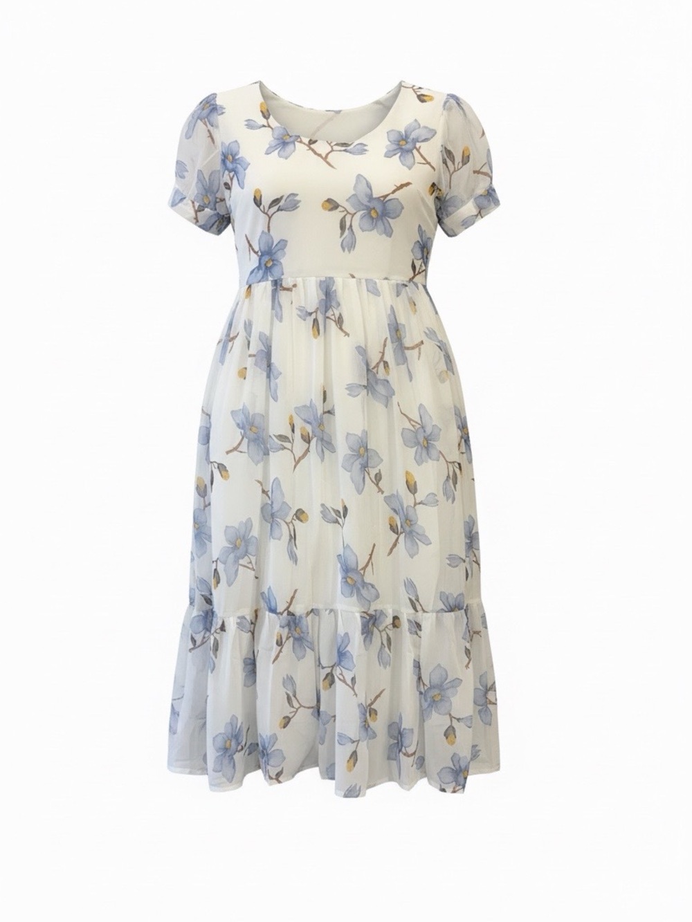 Floral Tiered Midi Dress in Cream and Light Blue